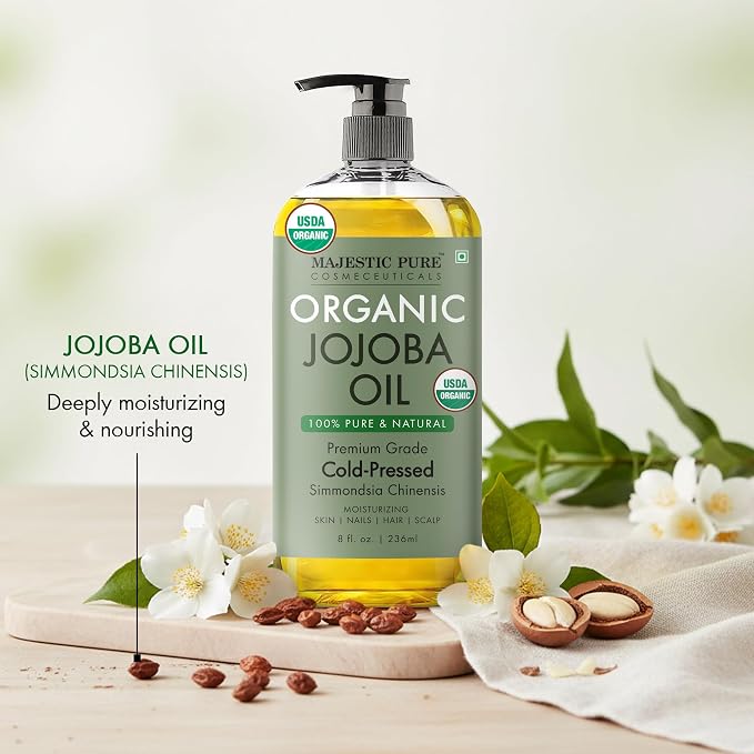 Majestic Pure Oil - 100% Pure and Natural- Cold Pressed & Hexane Free Natural Hair Growth Oil for Eyelashes, Eyebrows, Skin, Body, Face, Nails & Scalp - USDA Organic Jojoba Oil 8 Fl Oz