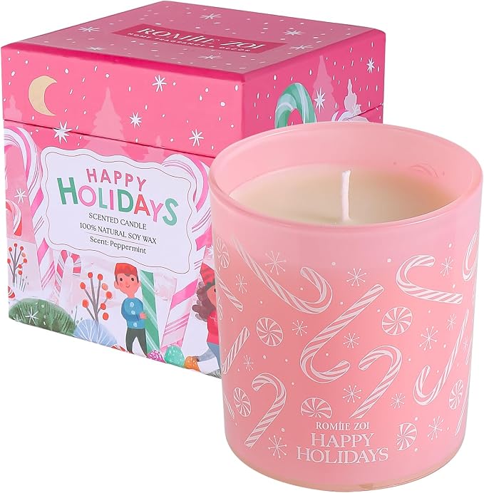 ROMIIE ZOI Christmas Scented Jar Candle - 6oz Soy Wax Candle - Happy Holidays Infused with Peppermint Aroma - with Beautiful Keepsake Box Special for Holiday Gifts