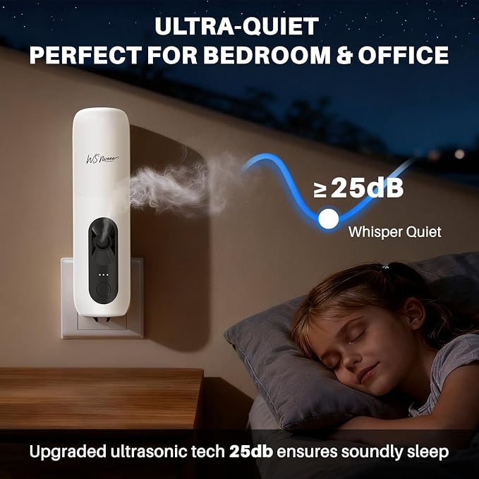 Waterless Essential Oil Diffuser Plug in wall, Automatic Home Frangrance Diffuser for Bedroom Bathroom Kitchen, 25dB Ultra-Quiet Aroma Diffuser, Works with Most Essential Oils and Pure Aroma Oil