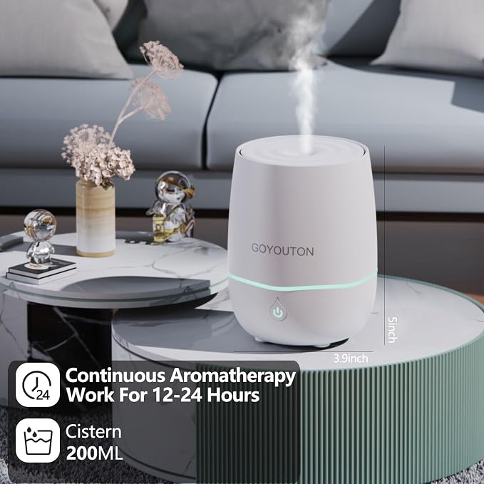 Essential Oil Diffuser, 200ML Diffusers for Home Scent Aromatherapy Diffuser Air Desk Humidifier Oil Diffuser romfor Bedroom Room Office with 7 Color LED Lights Quiet Waterless Auto Shuts-off (White)
