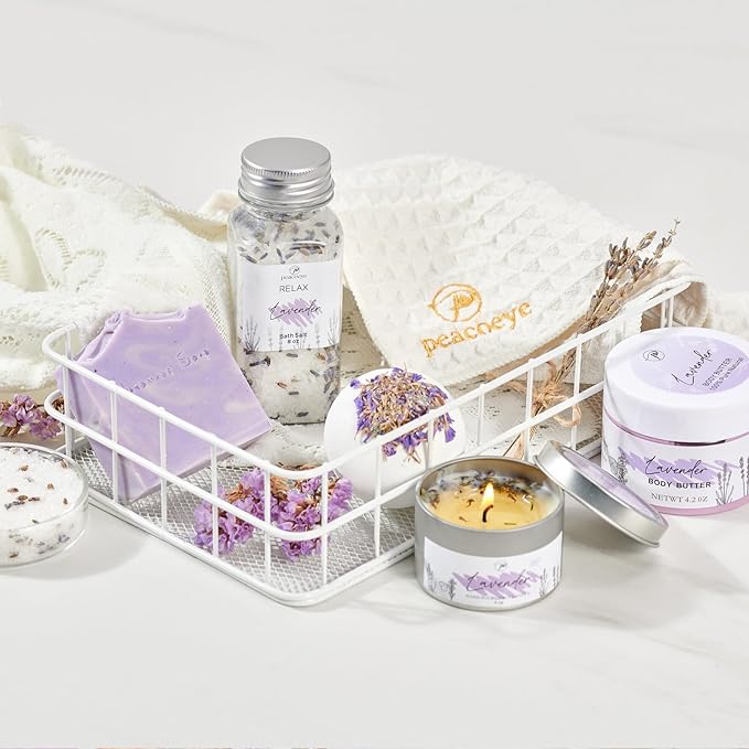Mothers Day Gifts for Mom Spa Bath Gift Baskets Relaxing Spa Self Care for Women Her Sister Wife Bridal Shower Gifts Box Home Bath Care Package Thank You Birthday (Purple -Spa for Women)