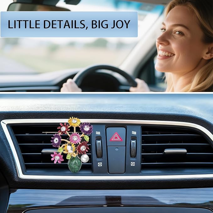 ORIESSE Flower Car Decor,Cute Dasiy Bird Vase Car Air Freshener Vent Clip,Bling Alloy Colorful DashBoard Vent Decorations Aesthetics for Women,Refillable Aroma Diffuser