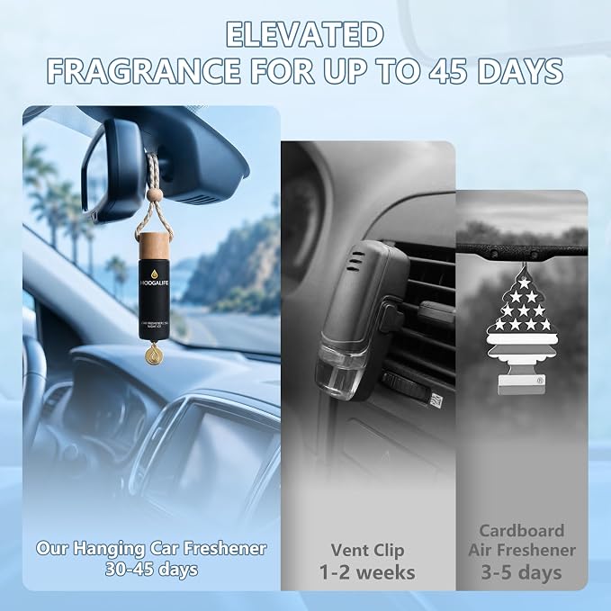 HOOGALIFE Car Air Freshener 2 Pack, Night ICE Hanging Diffuser, 45+ Days Long Lasting Scent, Refillable Bottle, Odor Control for Auto Interior, Made in USA
