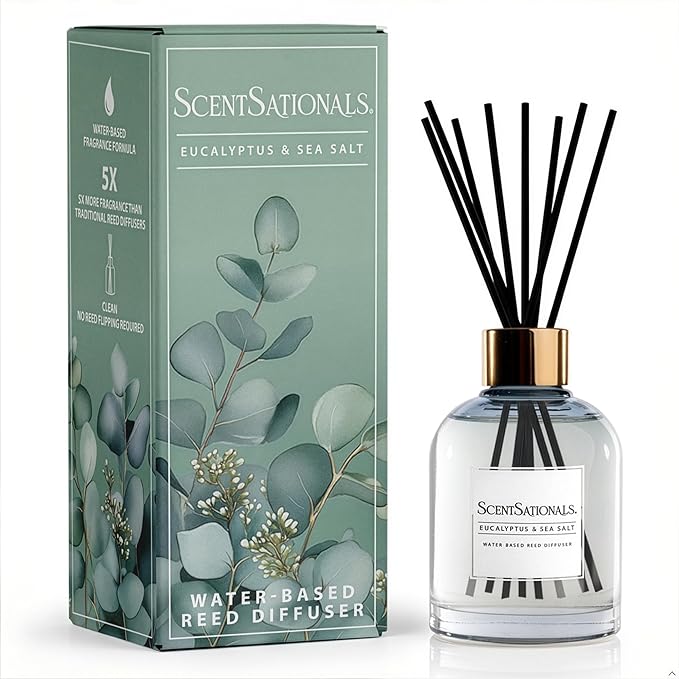 ScentSationals Water-Based Reed Diffuser - Eucalyptus & Sea Salt - 5 FL OZ Aromatherapy Reed Diffuser