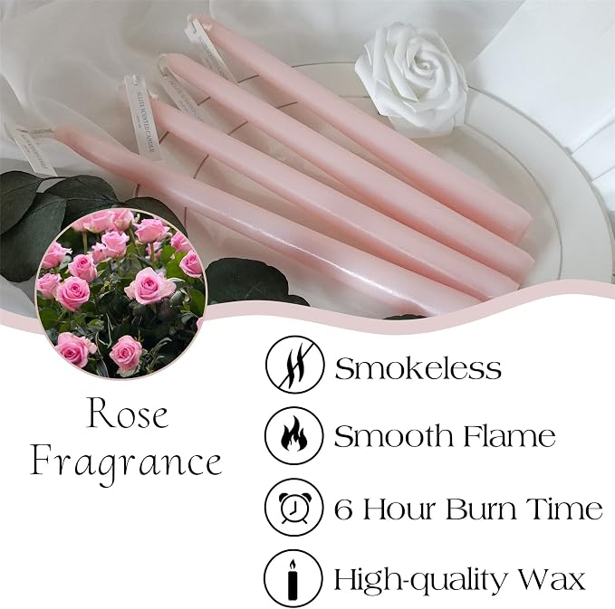 Pink Taper Candles Scent Candlesticks,10 Inch Dripless Candlestick Scented Tapered Candles Long Candle Sticks for Dinner Decor Housewarming Party,4pcs (8D-Pink)