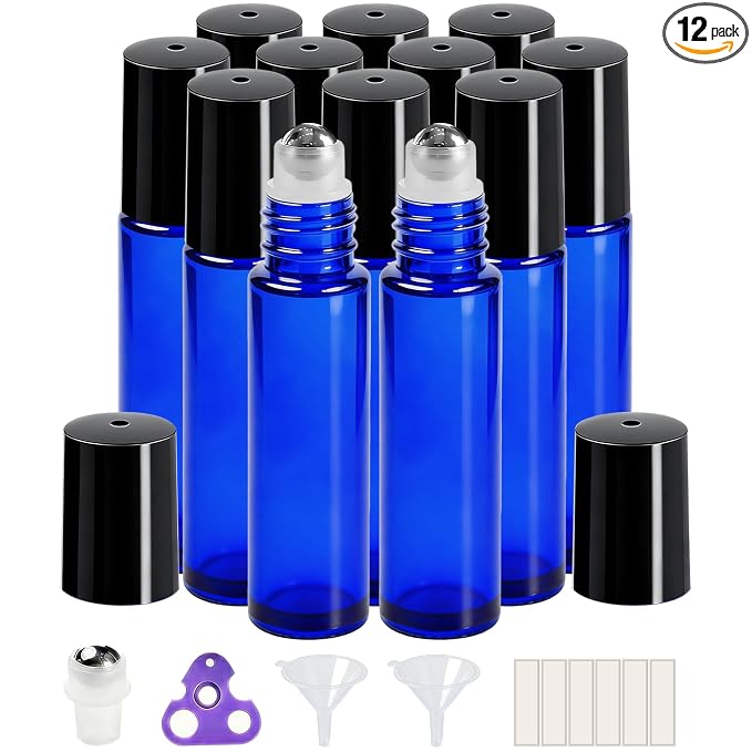 PrettyCare Roller Bottles 10ml (12 Pack Blue Glass, Black Cap, 24 Labels, 2 Extra roller balls, Opener, 2 Funnels) for essential oils, Roll on Bottles
