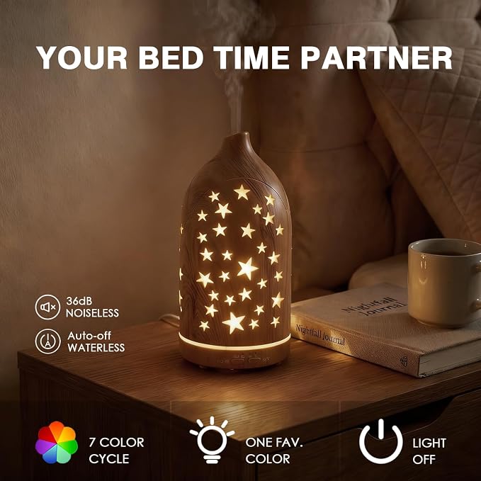 Essential Oil Diffuser,7.1''x3.5'' Diffusers with 3 Aromatherapy Oils Set,Small 200ml Desk Humidifier with 7 LED Colors Night Lights,Waterless Auto-Off for Office Home Decor Gift (Star)