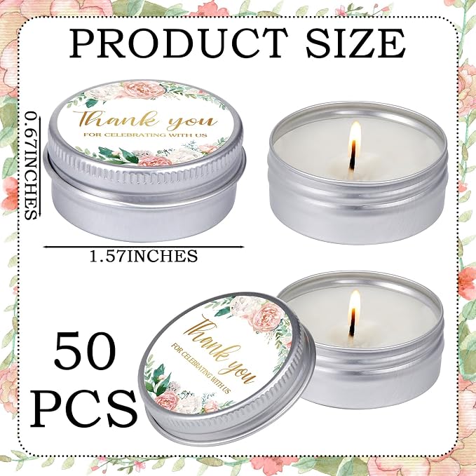 MTLEE 50 Pcs Pink Floral Wedding Candles Gift Favors for Guests 1 Oz Lavender Scented Soy Wax Aromatherapy Candle Favors for Bridal Shower Rustic Wedding Party Guests(Boho Floral)