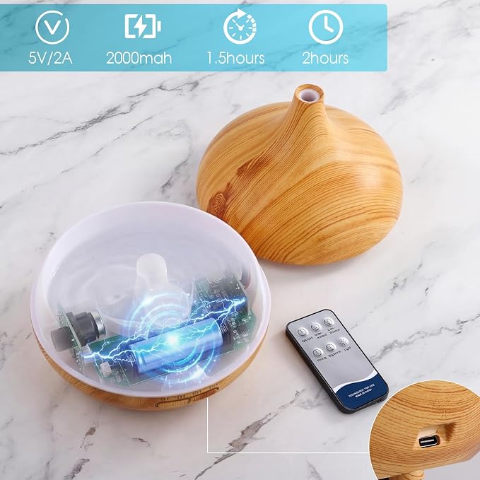 Rechargeable Diffuser for Essential Oils Large Room, 450ml Battery Operated Diffuser with Remote Control, Aromatherapy Oil Diffuser with Timer, 7 Colors Light air humidifiers for Home&Office