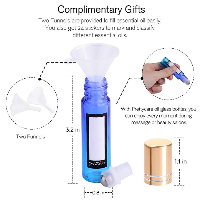 PrettyCare 60 Pack, 10 ml Essential Oil Roller Bottles with Stainless Steel Roller Ball - Bulk Refillable Leak-proof Empty Thick Rainbow Glass Roll on Bottles with Metal Caps for Travel, Perfume