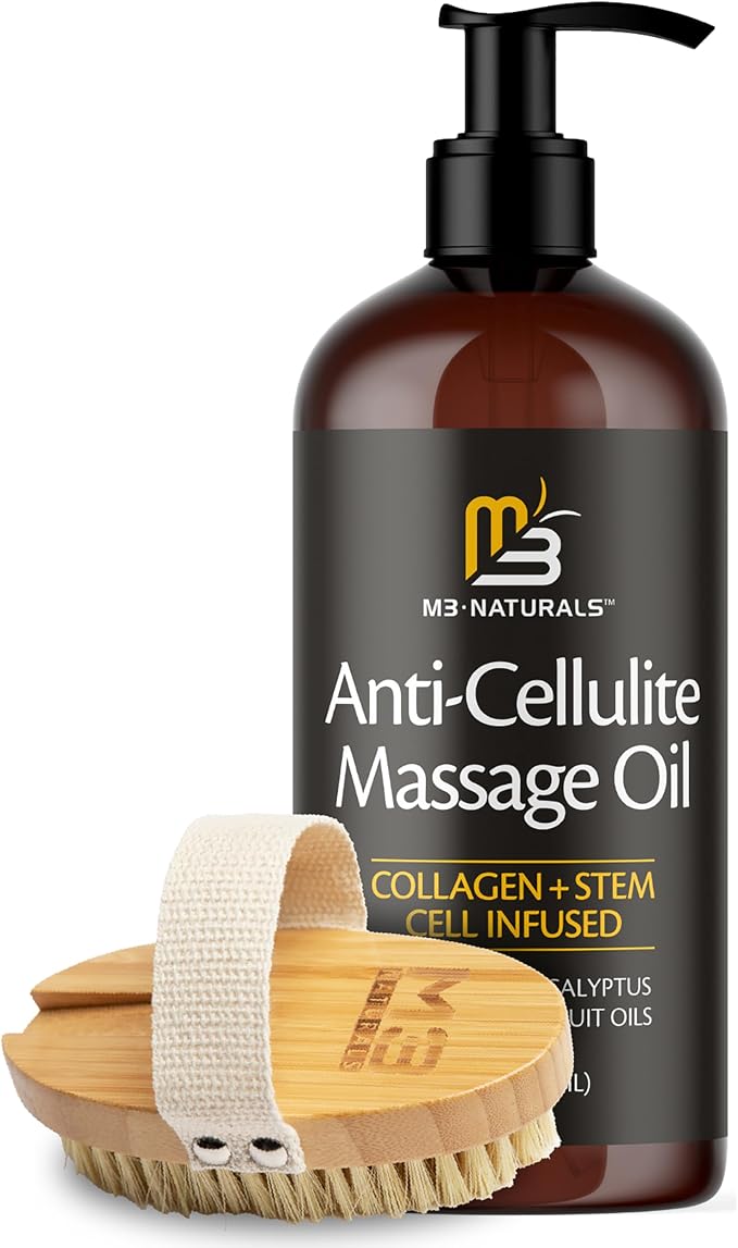 Anti Cellulite Massage Oil and Firm Dry Brush Kit | Collagen & Stem Cell Skin Tightening Kit | Radiant Body Care Kit for Women by M3