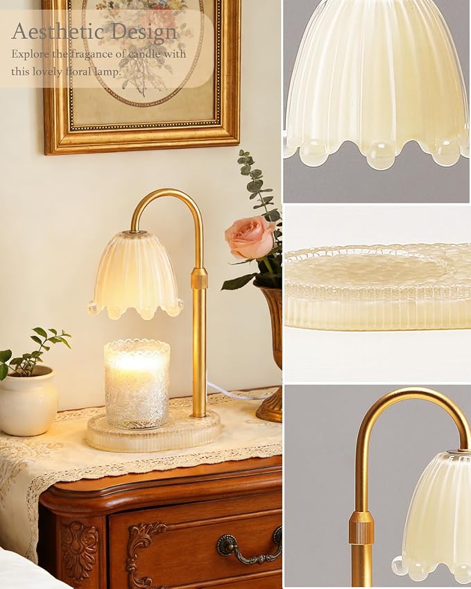 Flower Candle Warmer Lamp Glass Base with Timer & Dimmer, Mothers Day Birthday Gifts for Mom Women, Adjustable Floral Candles Warmer, Girly Wax Warmer New Home Office Decor (Yellow-Flower)