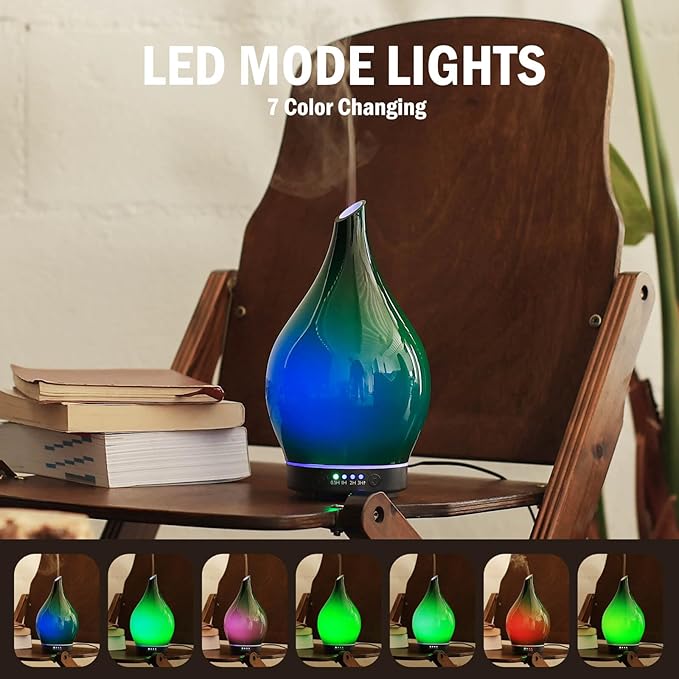 Porseme 150ml Essential Oil Diffuser Glass Color Changing Aroma Air Diffusers Aromatherapy Ultrasonic Cool Mist Humidifier 6 Running Hours Waterless Auto-Off for Sleeping Yoga Office Spa (Hulk Green)
