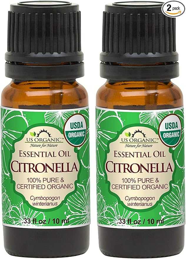 US Organic Citronella Essential Oil, USDA Certified, 100% Pure, 10 ml Pack of 2, Improved caps and droppers – Used for Skin Care, Many DIY Projects Like Candle Making and Much More