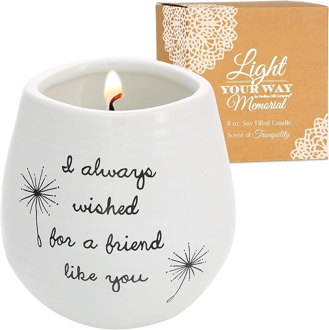 Pavilion - 8 Oz Candle Holder - White Ceramic Candle Jar with 100% Soy Wax Candle Cotton Scent "I Always Wished For A Friend Like You" Ideal Gift for a Friend - Printed Text, Love Theme & Oval Shape