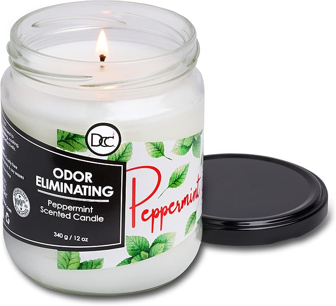 Peppermint Odor Eliminating Highly Fragranced Candle - Eliminates 95% of Pet, Smoke, Food, and Other Smells Quickly - Up to 80 Hour Burn time - 12 Ounce Premium Soy Blend