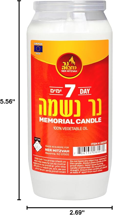 Ner Mitzvah 7 Day Yartzeit Candle - Kosher Yahrtzeit Memorial and Yom Kippur Candle in Plastic Holder