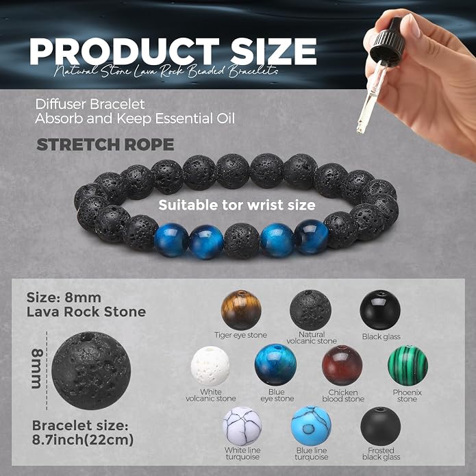 Landical 24 Pcs 8 mm Natural Stone Beads Bracelet Set Tiger Eye Men Stretch Lava Adjustable Onyx Matte Beads Essential Oil Diffuser Bracelet for Men Women Jewelry Gifts