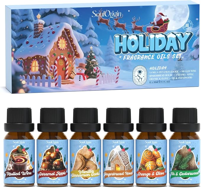 Soulorigin Holiday Essential Oils Set, Fragrance Oil Set for Diffuser, Scent Diffuser Oil for Candle Making-Vanilla Cinnamon Cookies, Caramel Apples, Gingerbread, Fir Cedar, Orange Cloves, Mulled Wine