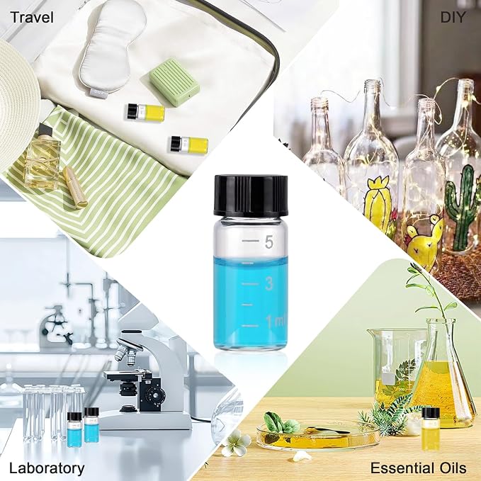 Kesell 10pcs Borosilicate Glass Sample Vial with Black Screw Cap, 5ml Clear Bottles with Scale