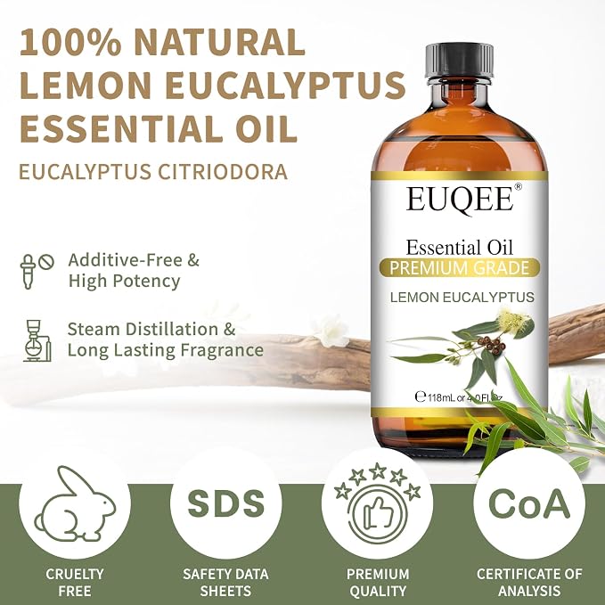 EUQEE Lemon Eucalyptus Essential Oil Pure Lemon Eucalyptus Oil, Large Capacity Essential Oil with Glass Dropper for Diffuser, Candle Making - 118ml / 4 Fl.Oz