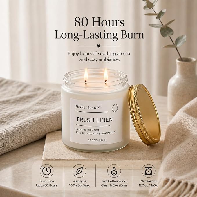 Clean Linen Scented Candle 12.7 oz – Large Fresh Linen Candle for Home, 80+ Hour Long Lasting, 100% Natural Soy Wax, 2 Wicks Clean Cotton & Soft Floral Scent, Elegant Candle Gift for Women & Men
