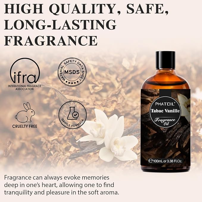 PHATOIL 3.38FL.OZ Tabac Vanille Fragrance Oils for Aromatherapy, Essential Oils for Diffusers for Home, Perfect for Diffuser, Yoga, Skin Care, DIY Candle and Soap Making - 100ml