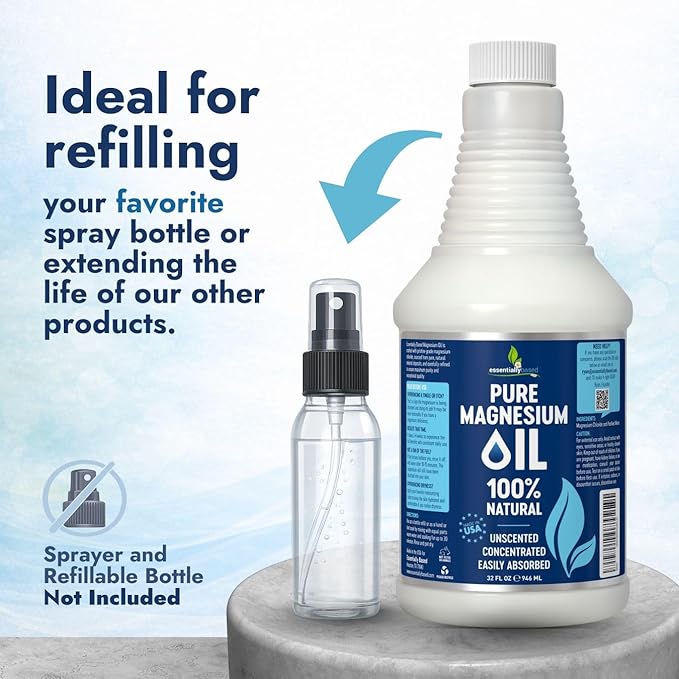 Pure Magnesium Oil Spray 32oz - Topical Magnesium Spray for Sleep & Feet - Extra Strength - USP Grade - 100% Natural and Organic Oil for Muscle Pain & Cramps - No Sprayer Included - Made in USA