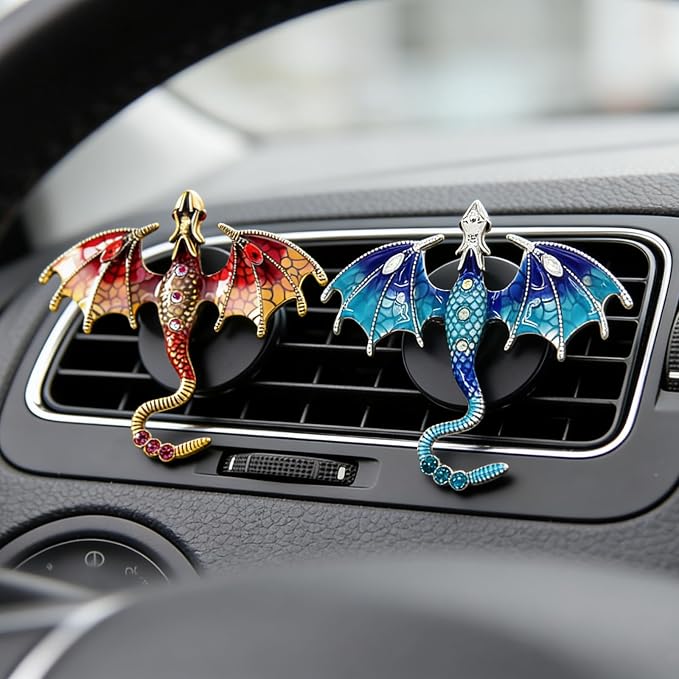 2 Pcs Bling Dragon Car Air Freshener Vent Clips, Crystal Rhinestone and Enamel Dragon Air Vent Clips Car Diffuser Cute Car Interior Decoration Accessories for Women Gift (Blue Red)