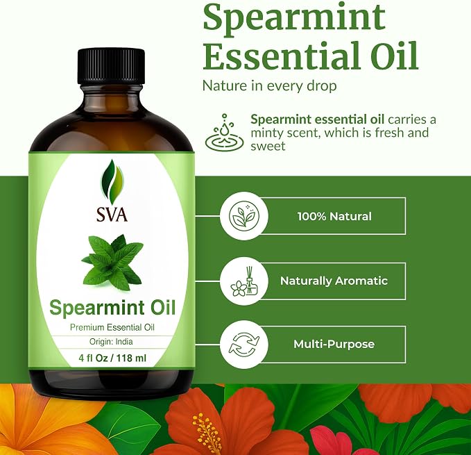 SVA Spearmint Essential Oil 4 Oz with Dropper 100% Pure Natural Undiluted Premium Therapeutic Grade Oil for Diffuser, Aromatherapy, Face, Body & Hair Care