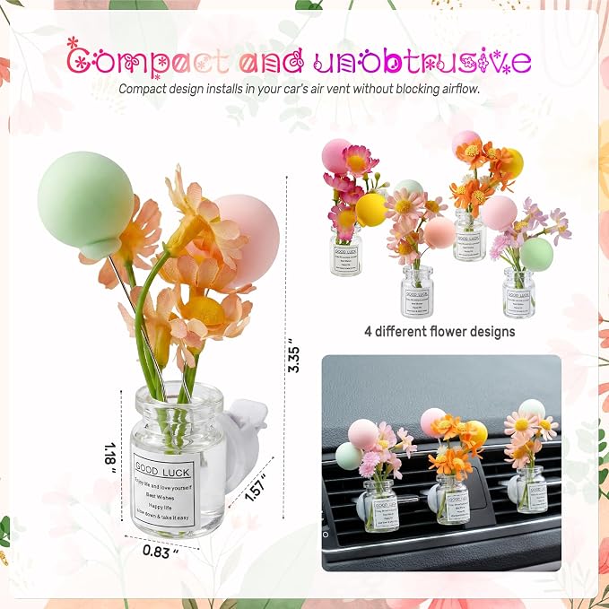 CusDusk 4 Pcs Flowers with Ballons Car Vent Clips, Cute Daisy Plants Vase Air Conditioning Outlet Clip with Fragrance Pads, Charm Scent Perfume Automotive Interior Decorations for Women