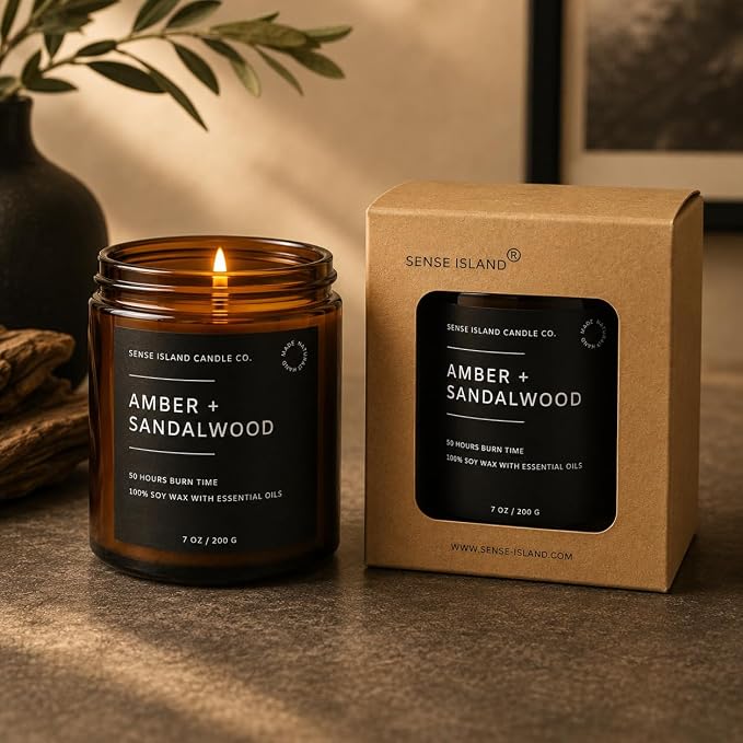Amber Sandalwood Scented Candles for Men&Women | Natural Soy Candle 7oz, up to 50 Hrs Burn Time Sweet Amber & Authentic Sandalwood Aroma