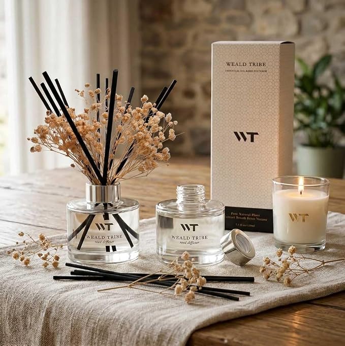 WEALD TRIBE Flower Reed Diffuser Set White Jasmine Scent for Bathroom Accessories Shelf Decor & Air Fresheners, Fresh Air Sticks Defusers with 5.1 fl oz Essential Oils, House Office Decor & Gifts