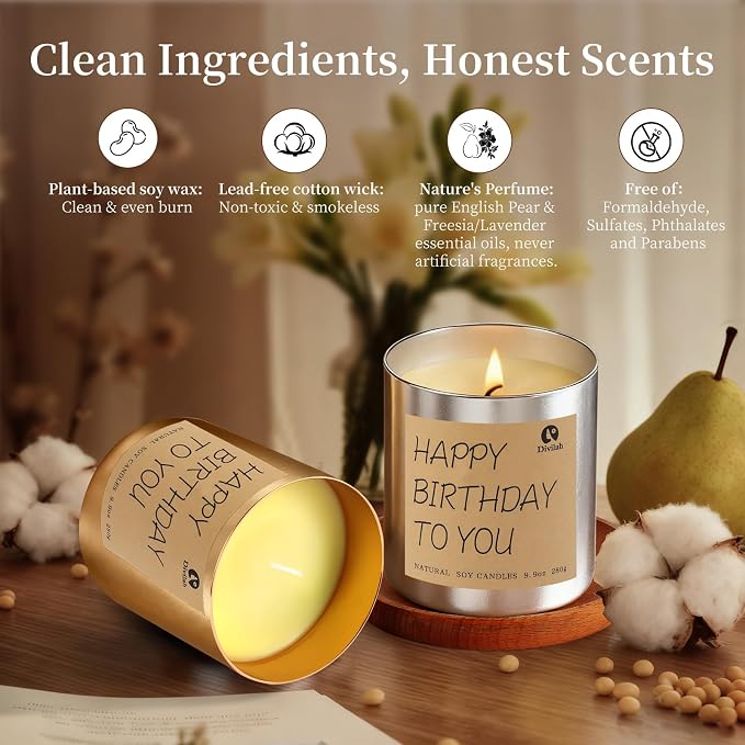 Birthday Candles Gifts for Women Men, Handmade Soy Scented Candle Aromatherapy Happy Birthday Gift for Mom, Dad, Sister, Teacher, Friends, Daughter Son, English Pear Freesia Candle, 9.9oz