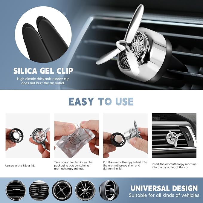 Car Air Freshener Vent Diffuser-Propeller, Car Air Freshener Vent Clip, Long Lasting, Silver, Suitable for men's and women's Car Accessories