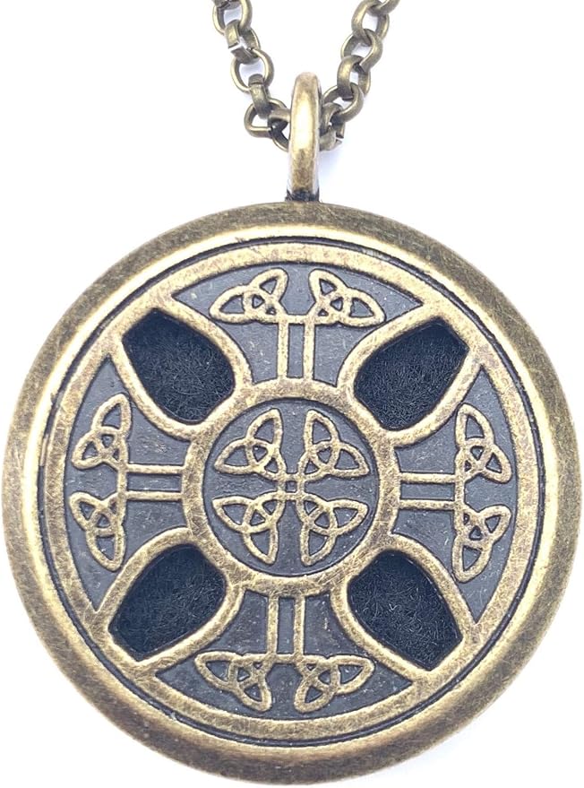 Wild Essentials Celtic Cross Aged Brass Necklace Essential Oil Diffuser Kit, Lavender, Lemongrass, Peppermint, Orange Oils, 12 Pads, Calming Aromatherapy Gift Set, Customizable Color Changing, Perfume