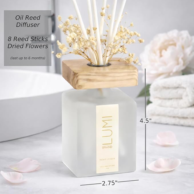 Luxury Aroma Gift Set | Peony Garden - Reed Diffuser (200ml), Wood Wick Soy Candle (200g), Room Spray (50ml) | Includes Dried Flowers & 8 Reeds | Luxurious Home Fragrance for Home Décor & Gifts