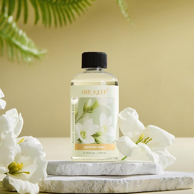 Airkeep Reed Diffuser Oil Refill with Diffuser Sticks, 6.76 Fl Oz(200ml) Jasmine Mint Scented Oils, Aroma Therapy, Home Fragrance & Air Freshener, Office Décor, Decoration