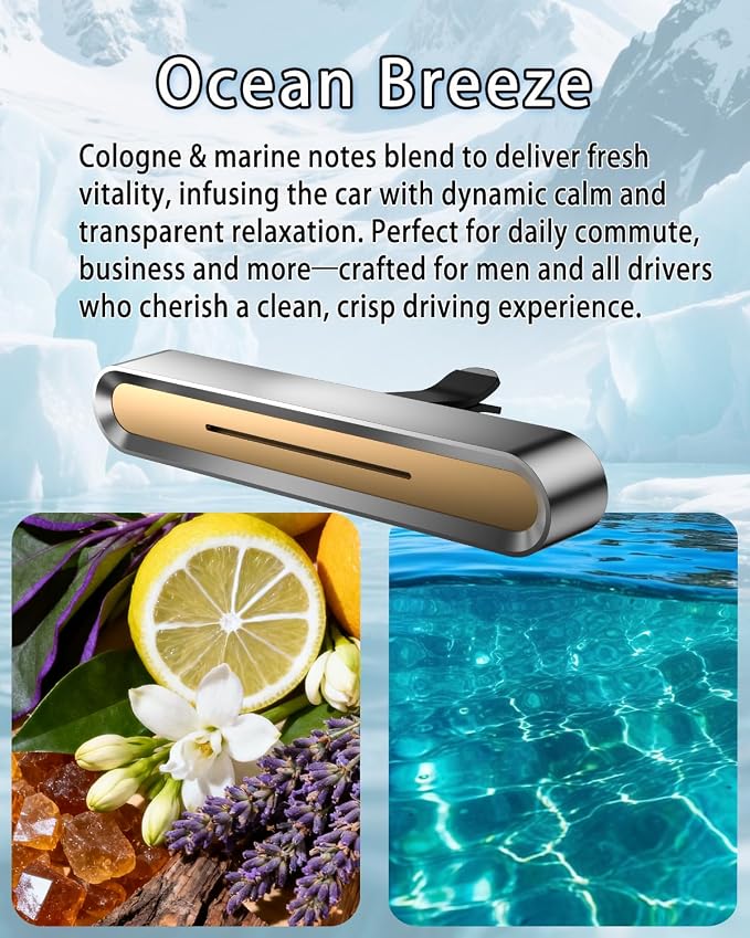 Car Diffusers for Essential Oils,Car Fragrance Diffuser Vent Clips, Includes 4 Scented Essential Oil Sticks and 6 Unscented DIY Refill Sticks (Golden, Ocean Breeze)