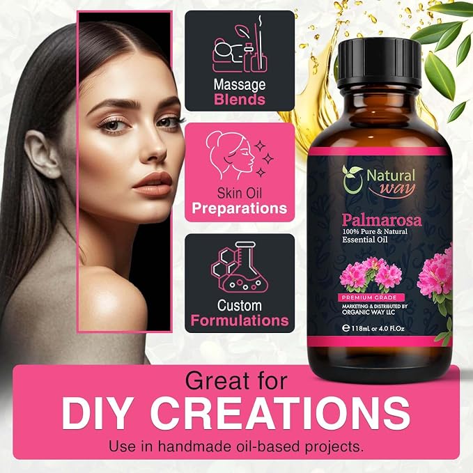 Palmarosa Essential Oil for Diffusers | Natural Aroma Oil for Home Fragrance, Humidifier & DIY Candle Making, Long Lasting Scent for Office, Bedroom & Soothing Scent 4 Fl Oz (120 mL)
