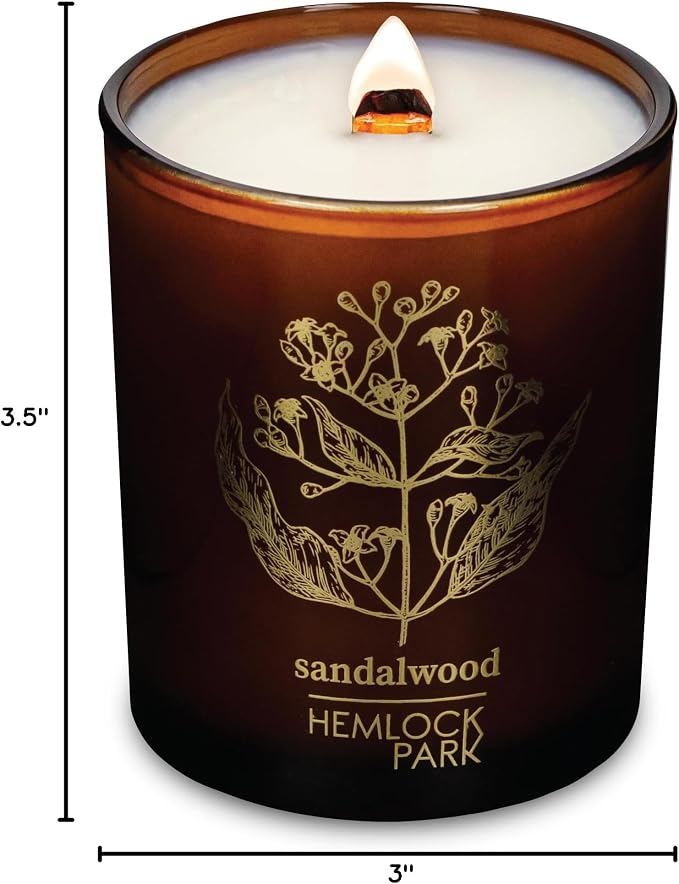 Hemlock Park Sandalwood Amber & Gold Scented Candle | Crackling Wood Wick, Botanical Fragrance & Coconut Apricot Wax | Up to 50 Hour Burn Time | 7.2 oz | Made in USA