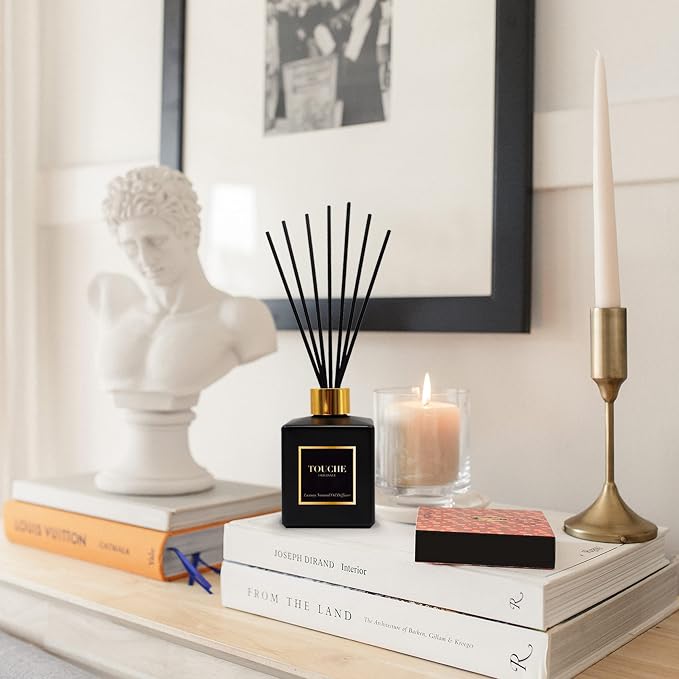 Touche Luxury Natural Reed Diffuser. Long Lasting Scented Home Fragrance. Natural Essential Oil Alcohol-Free. 4.75 OZ. Glass Bottle (Bamboo & Jasmine - Black Bottle)