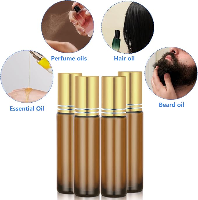 DTDNZKN 4 Pack of 0.34 Oz (10ml) Essential Oil Roller Bottles - Refillable, Leak-proof Amber Glass Roll-on Bottles with Stainless Steel Roller Balls, Metal Caps, and Labels Included