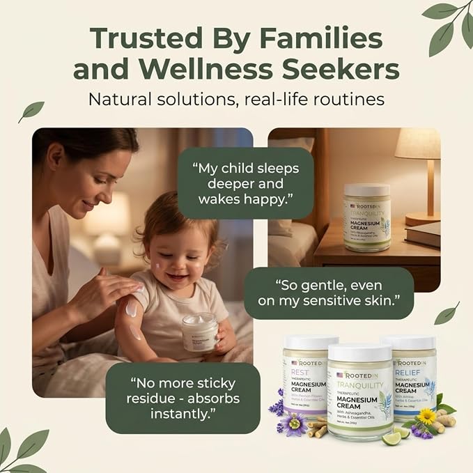 Rooted In Starter Set Includes Tranquility, Rest & Relief Magnesium Cream - Infused with 500mg Pure Magnesium, Herbs & Essential Oils - Non Greasy, Perfect Self-Care Gifts for Adults & Kids