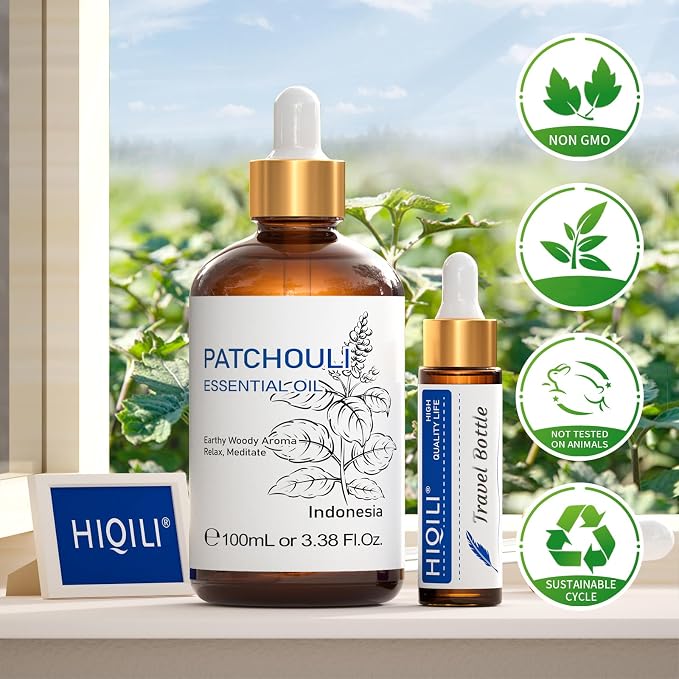 HIQILI Patchouli Essential Oil, for Homemade Perfume, Sooth Skin, Nourish Hair at Home with Diffuser, Gift for Hippie Friend - 3.38 Fl Oz