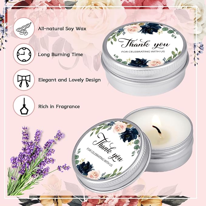 MTLEE 50 Pcs Wedding Candles Gift Favors for Guests 1 Oz Lavender Scented Soy Wax Aromatherapy Candle Favors for Bridal Shower Rustic Wedding Party Guests(Elegant Flowers)
