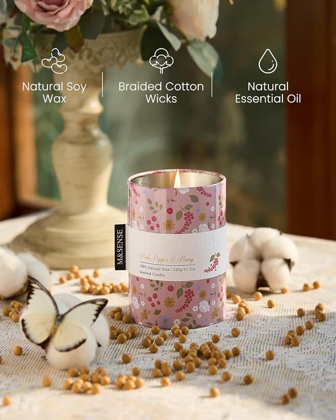 M&SENSE Pink Pepper Peony Scented Candle, Medium Jar 11.3oz | Natural Soy Wax, Floral Candles, Up to 70 Hours Burning, Long-lasting Fragrance, Gift for Spring Holiday