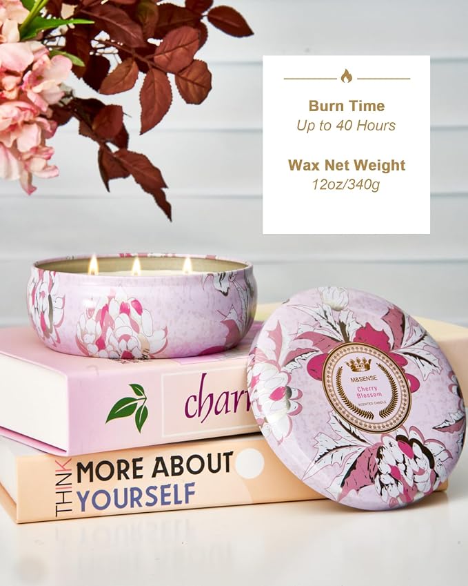 M&SENSE Cherry Blossom Scented Candles 12 oz, Large 3 Wick Soy Tin Candle, Over 40 Hour Burning Time, 100% Natural Vegan Wax, Relaxing Aromatherapy Aesthetic Candle Gift for Women and Men
