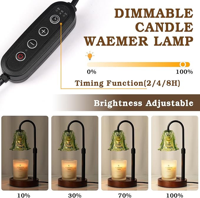 Funistree Small Candle Warmer Lamp with Timer, Adjustable Green Lamp Warmer for Jar Candles, Unique Women Gifts for Birthday, Dimmable Candle Heater, 2pcs Cute Wax Warming Light with Wood Base