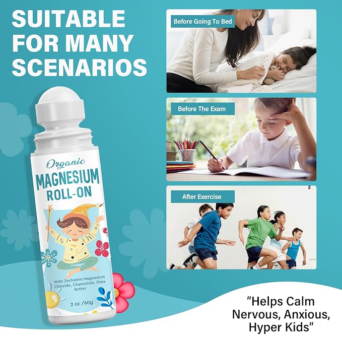 Magnesium Lotion for Kids Sleep & Calm, Natural Magnesium Roll-On for Sleep & Calming, Mess Free Applicator for Bedtime Routine